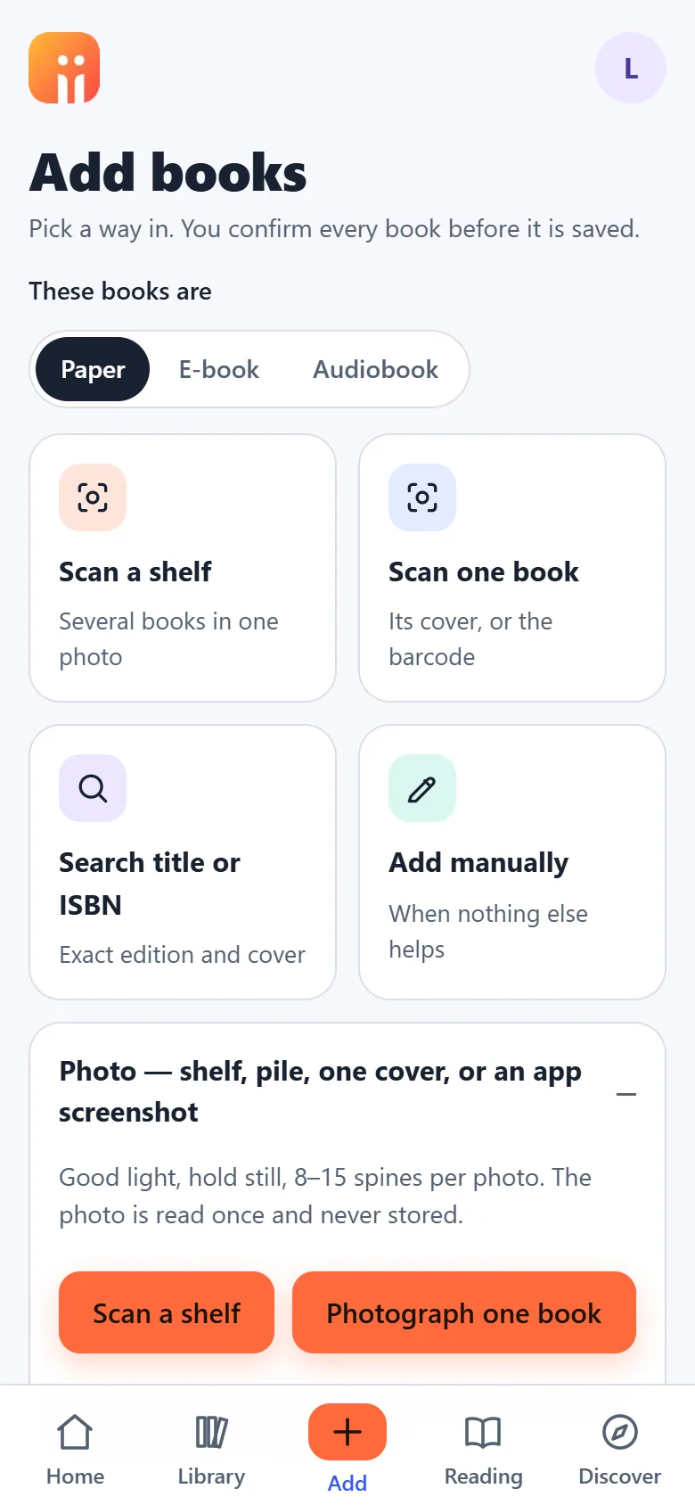 Add: photo, barcode, search, screenshot, import