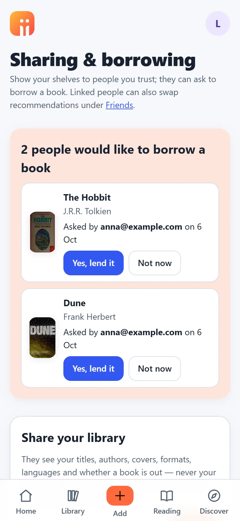 The Sharing screen with a borrow request to answer