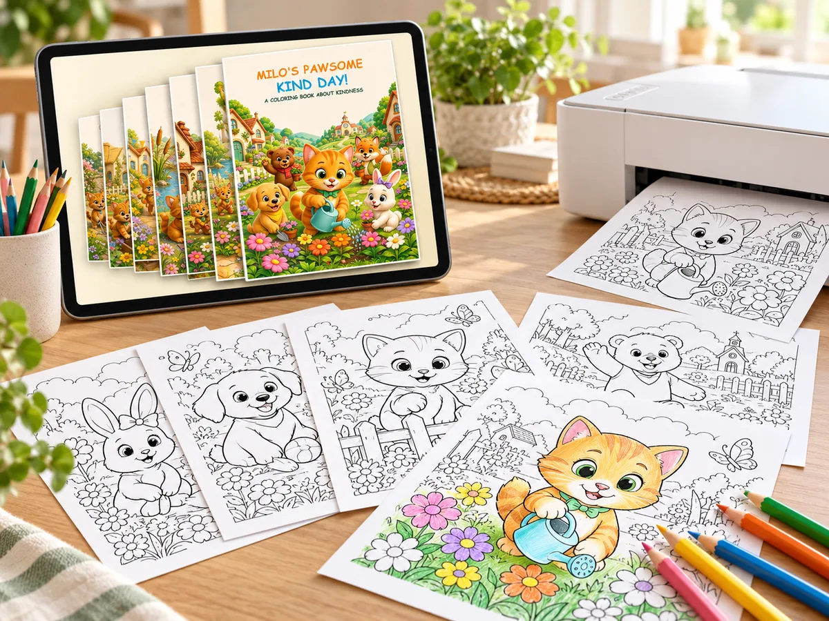 The coloring-book collection on a tablet beside printed animal coloring pages, coloured pencils and a home printer.