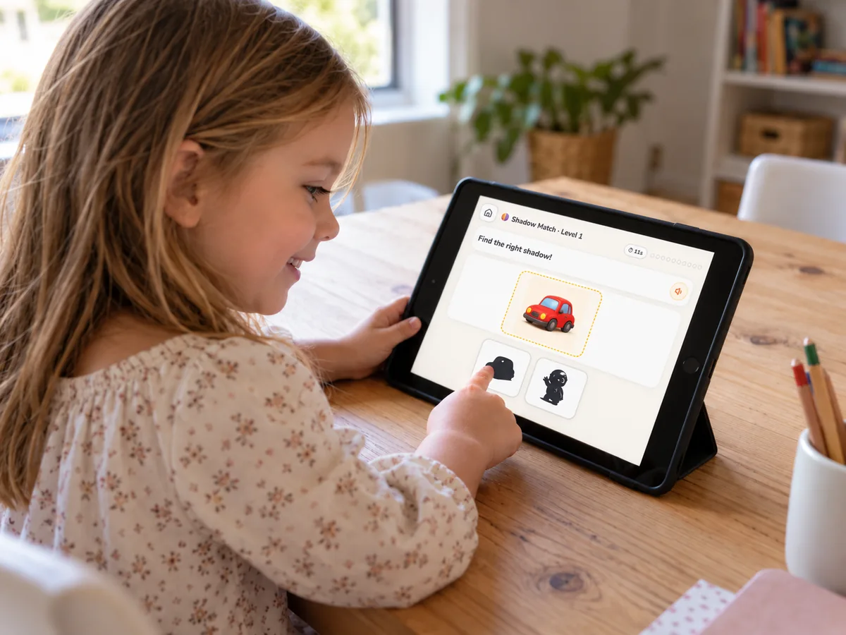 A child plays Shadow Match in the biiwow kids app on a tablet at the kitchen table.