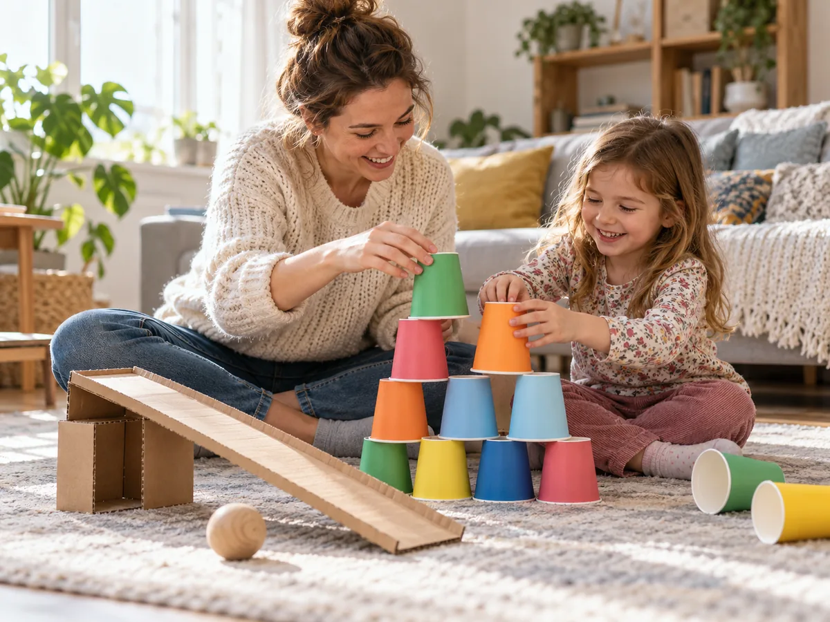 A parent and child stack colourful paper cups into a pyramid beside a homemade cardboard ramp.